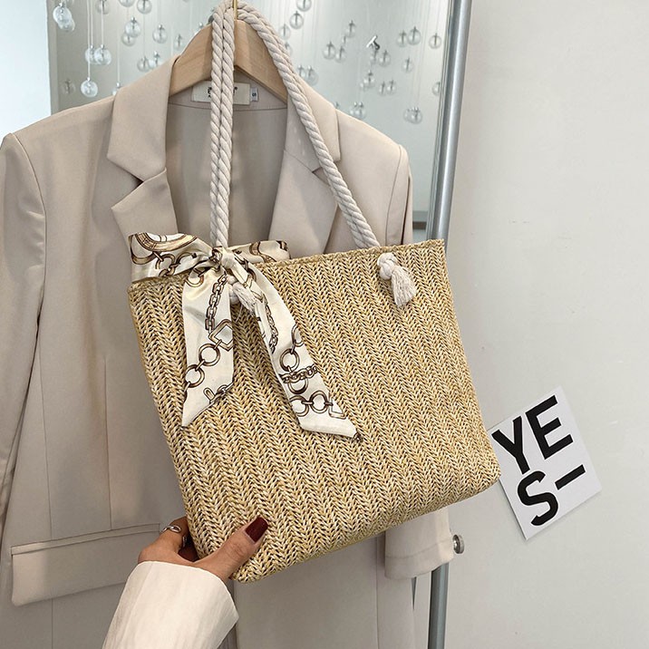 Túi Vuông Cói Lớn Quai Đeo Thừng Phối Dây Vải Xinh