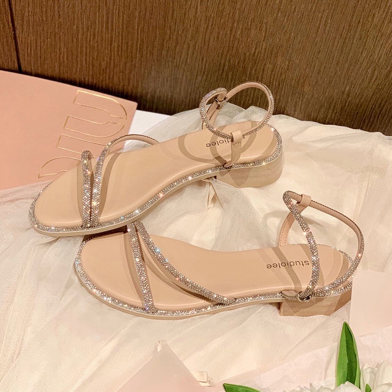 Dép Sandal Đế Thấp Dày Dặn Đính Đá Thời Trang Mùa Hè Dành Cho Nữ