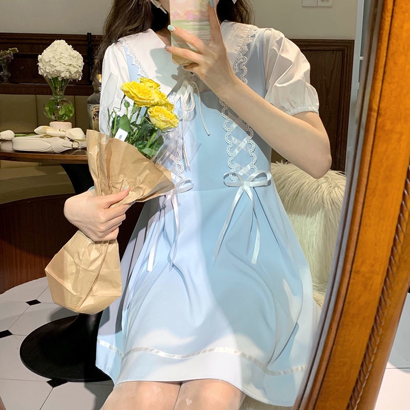 Blue ribbon summer vest skirt Japanese girl soft cute high waist bow belt female student student loli