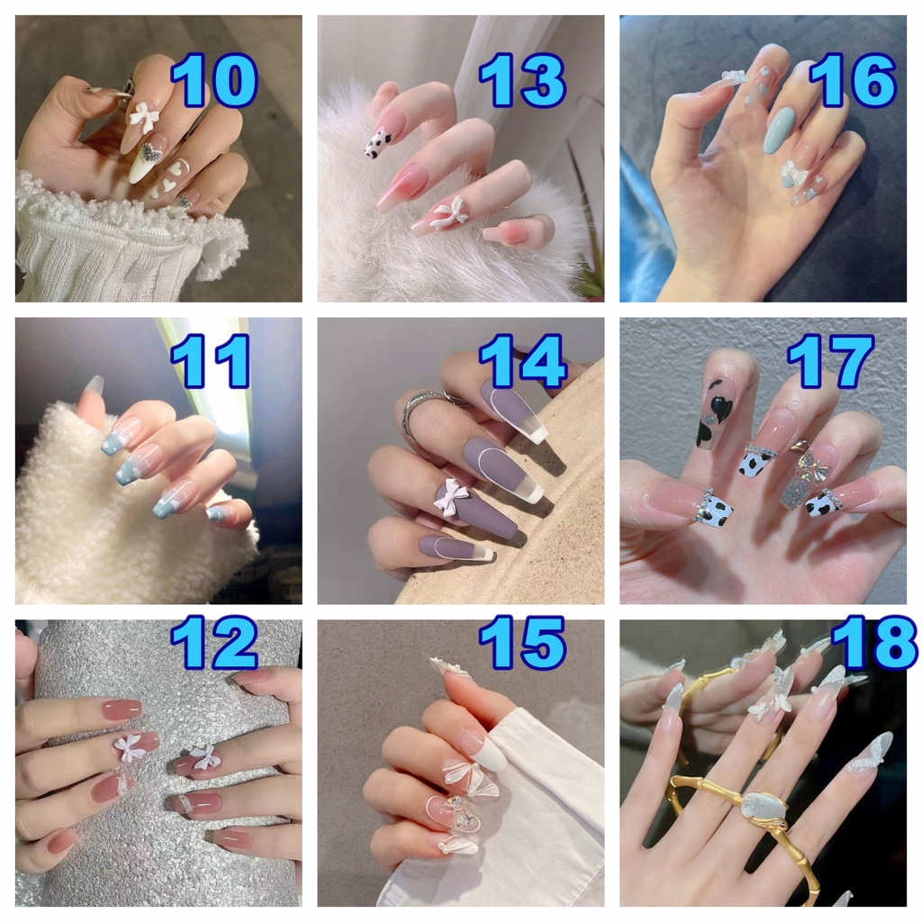 Set 24 Móng Tay Giả dài trong suốt đính nơ đá Gắn Nơ Xinh Xắn Thời Trang Cá Tính Cho Nữ móng giả đính nơ Kèm Keo Dán