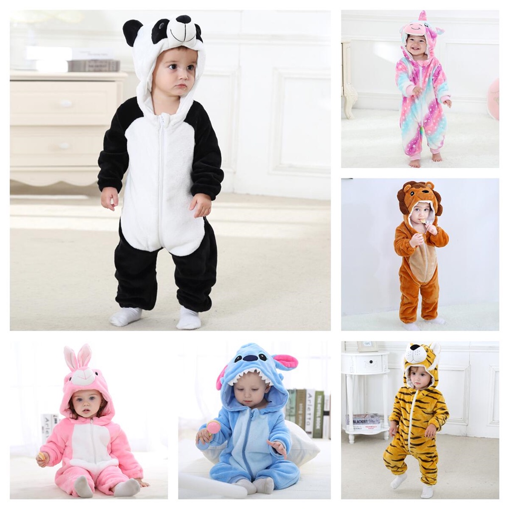 Áo Liền Quần Tay Dài Có Nón In Hình Gấu Trúc Hoạt Hình Dành Cho Bé Trai Gái 0-24 Tháng Tuổi