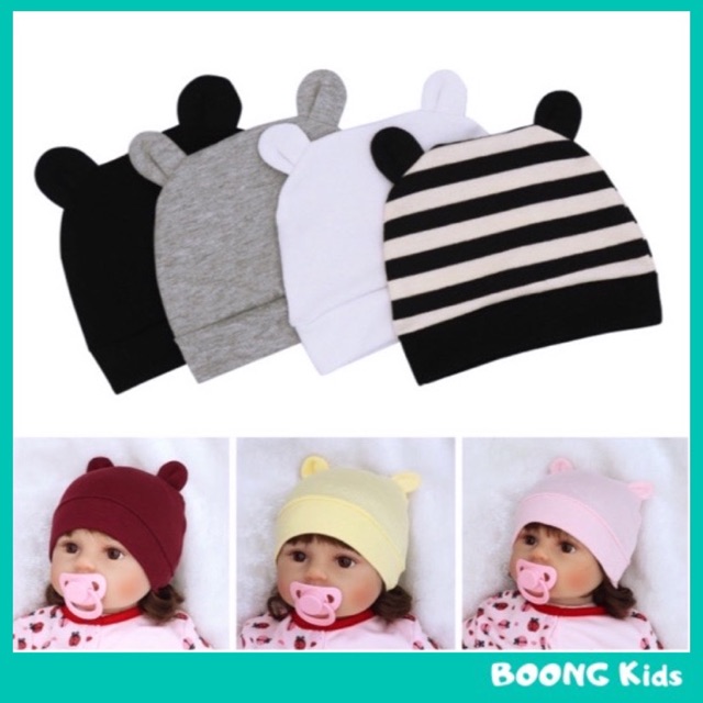 Mũ Sơ Sinh Tai Gấu Đáng Yêu Cotton Mềm Mại Cho Bé Trai Bé Gái Từ 0 Đến 3 Tháng