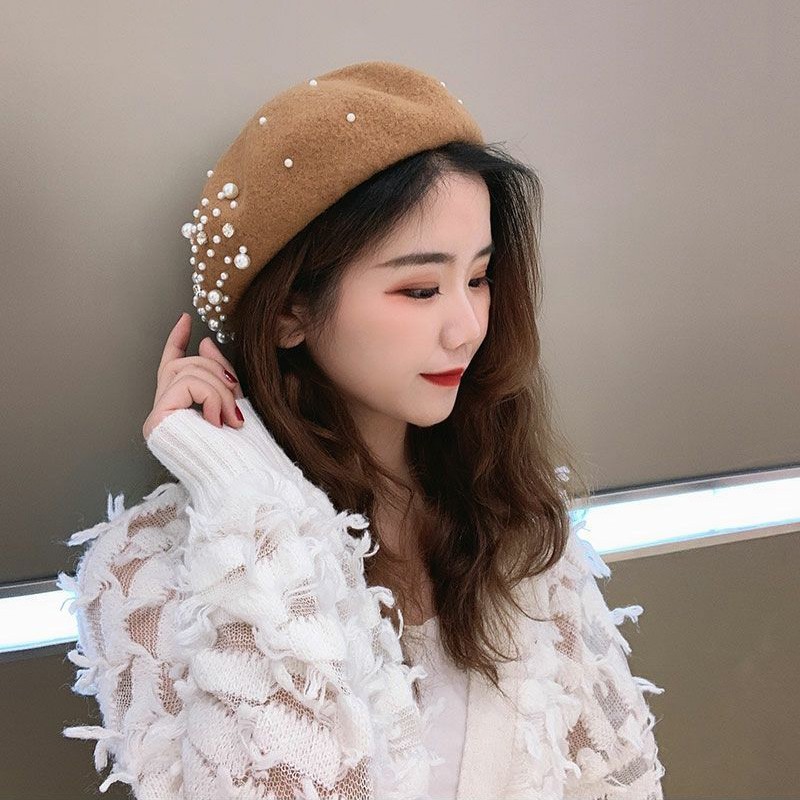 Nón Nồi Beret Chất Len Đính Hạt Nữ Tính Retro