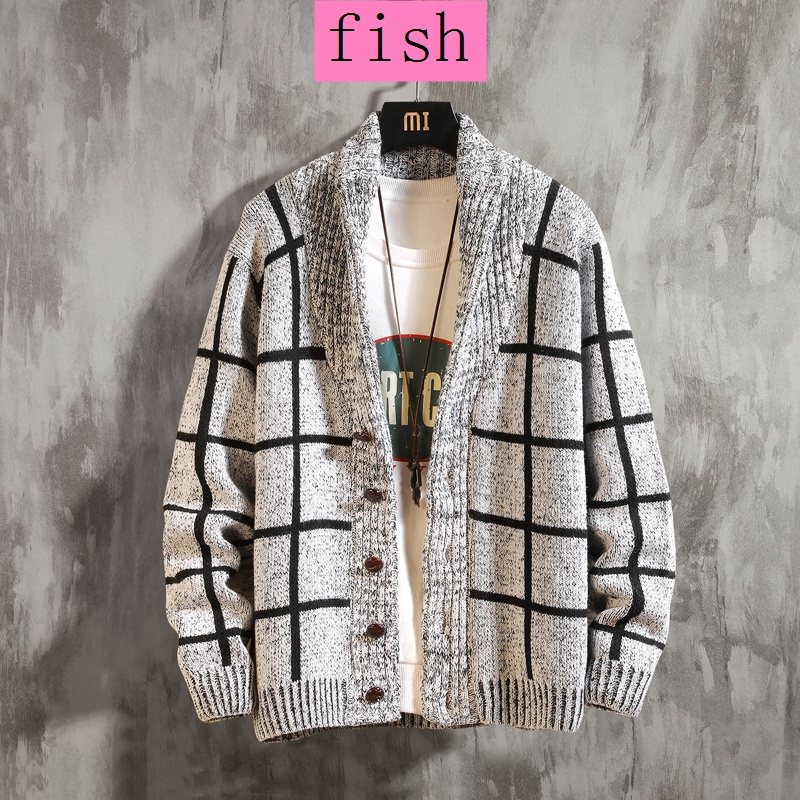 Áo khoác len cardigan họa tiết sọc caro thời trang thu đông dành cho nam