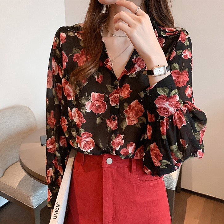 SUXI Áo Sơ Mi Chiffon Tay Dài Dáng Rộng In Hoa Kiểu Retro Xinh Xắn Cho Nữ