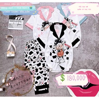 Đồ Bộ Phi Lụa Bò Sữa Dễ Thương Thoáng Mát, Pijama Lụa Cao Cấp