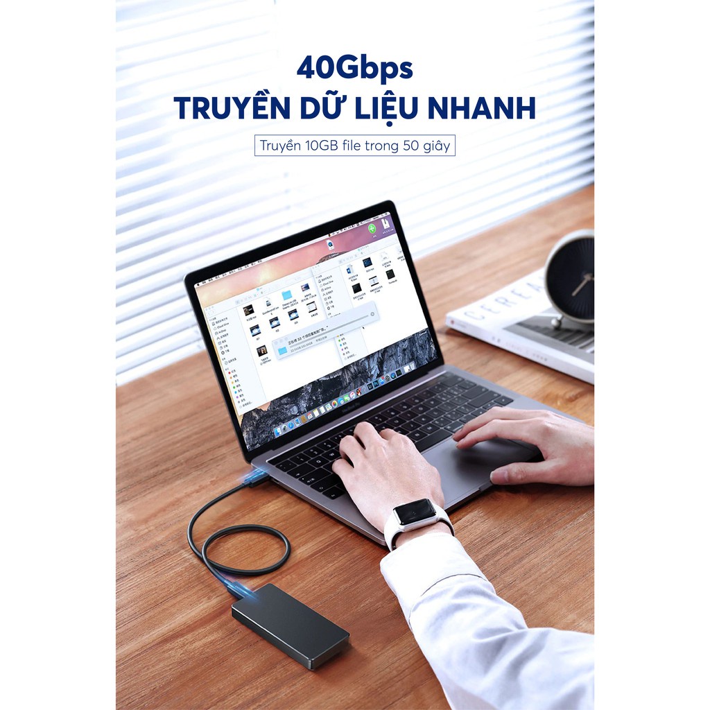THUNDERBOLT 3 (USB Type-C Gen 3) truyền dữ liệu 40Gbps, xuất hình ảnh 5K60Hz, sạc 100W, dài 0.5-2m UGREEN US341