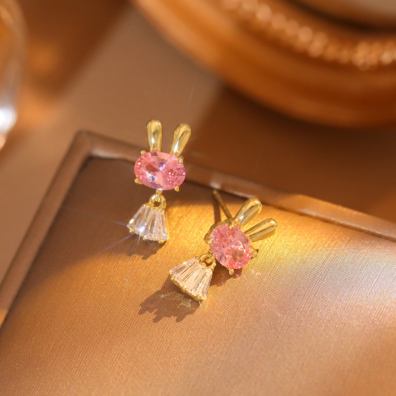 Khuyên tai kẹp JIUDUOLAN bằng bạc zircon pha lê hồng hình thỏ dễ thương không cần xỏ lỗ