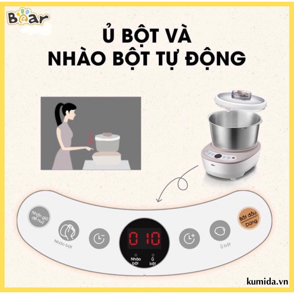 Máy nhào bột, nhồi bột, trộn bột tự động Bear, nhiều dung tích, 2 chế độ trộn và ủ, đảo đều đa góc, hẹn giờ tự động