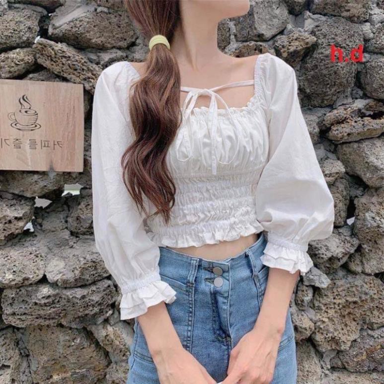 (Sẵn Hàng) Áo Sơ Mi  Nữ cổ vuông trắng trơn dài tay có dây ❤  Áo croptop buộc nơ Vintage tiểu thư  thời trang Hàn Quốc