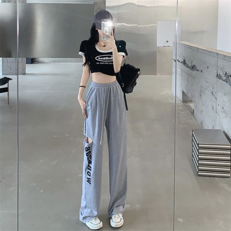 COZOK Set Áo Thun Ngắn Tay In Chữ + Quần Ống Rộng Rách Cá Tính Cho Nữ