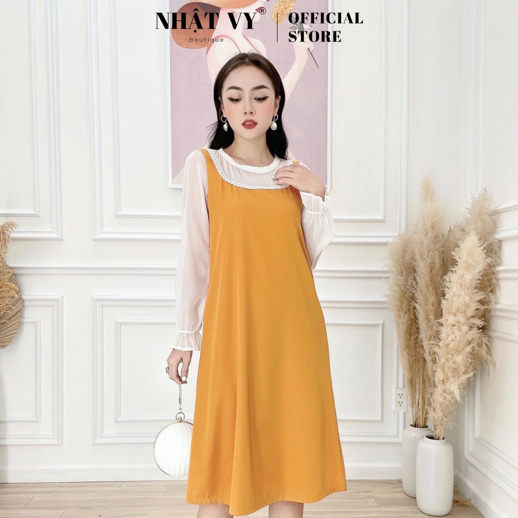 Váy Đi Chơi NHẬT VY Tay Voan Dài Cổ Phối Ren Chất Cotton Ý Dáng Suông Chữ A Màu Vàng, Cam - D1908