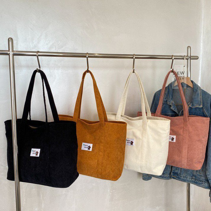 Túi Tote vải canvas đi chơi phong cách Hàn Quốc, túi đeo vai vải nhung tăm chất lượng thời trang đi làm đi học vừa a4