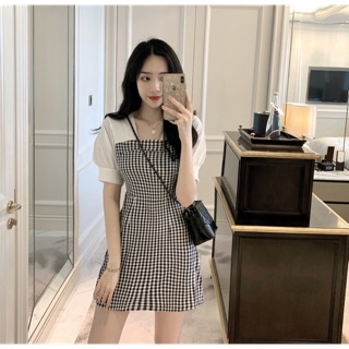 [Order7-10 ngày] Váy suông kẻ caro tay bồng
