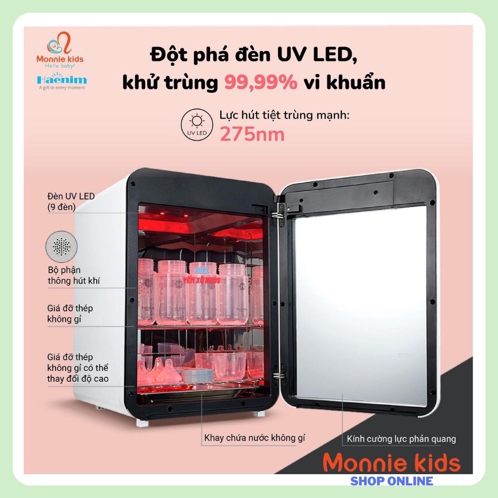 Máy tiệt trùng sấy khô bình sữa Haenim Premium, máy tiệt trùng uv thế hệ 4G - Monnie Kids