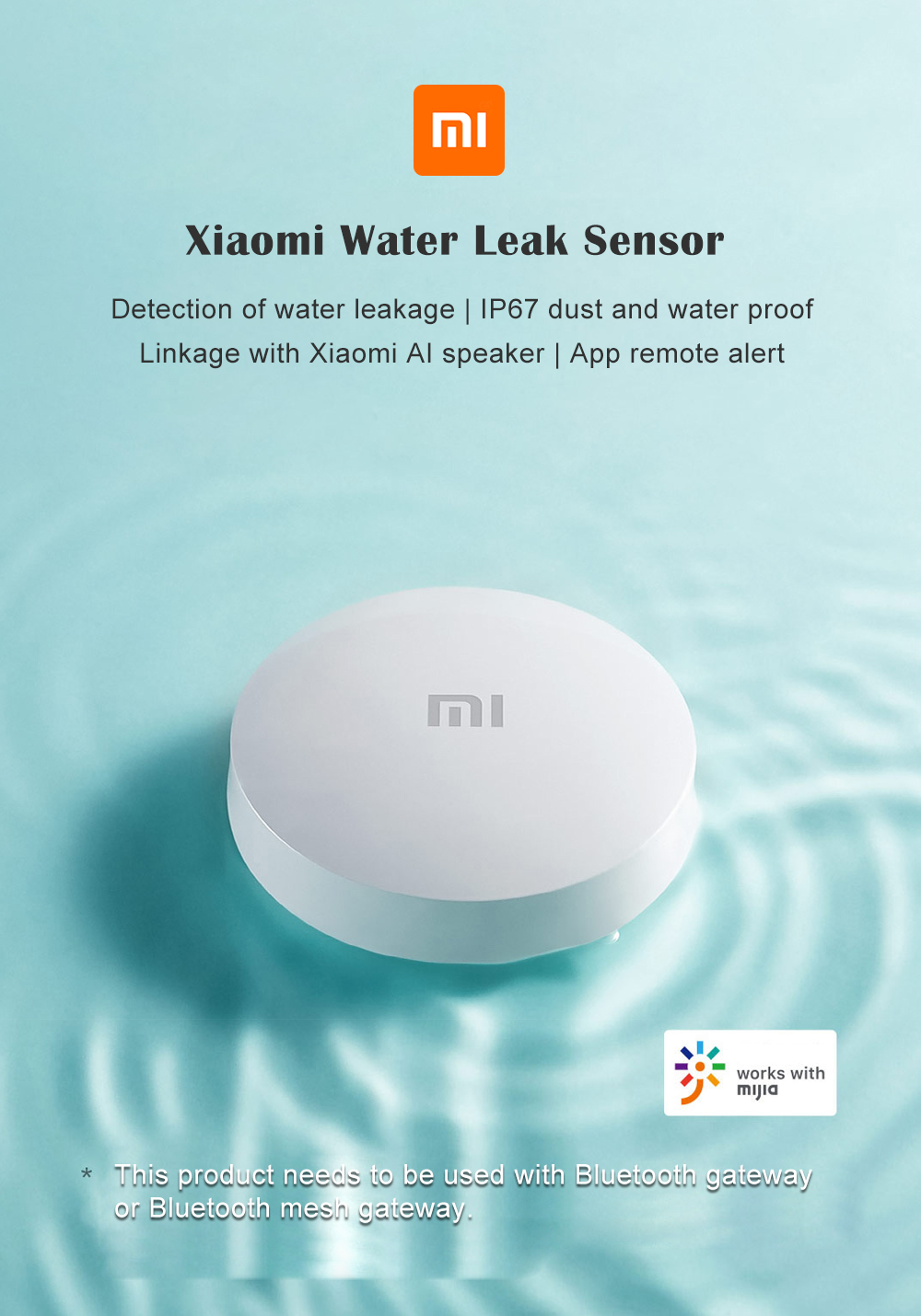 Xiaomi Mijia Water Immersing Bluetooth Sensor Smart Wireless Water Leak Detector Ip67 Waterproof Works with Mi Home App [Vcs01]