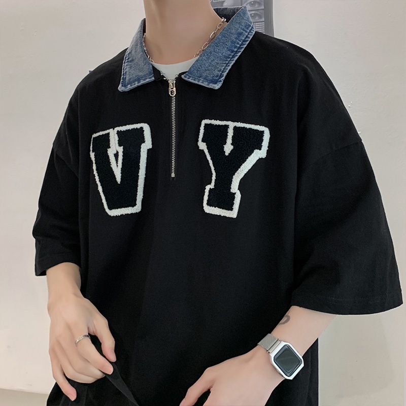 Áo polo Ngắn Tay Phối Denim Phong Cách Hàn Quốc Dành Cho Cặp Đôi