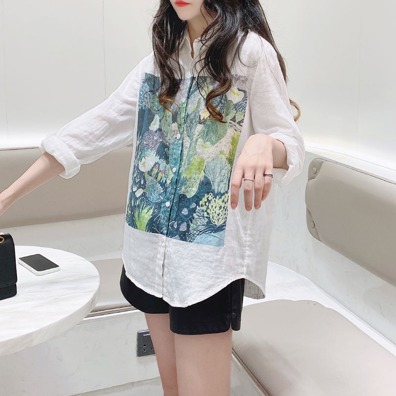 Áo Sơ Mi Cotton Tay Dài Dáng Rộng In Họa Tiết Graffiti Màu Sắc Thời Trang Cho Nữ