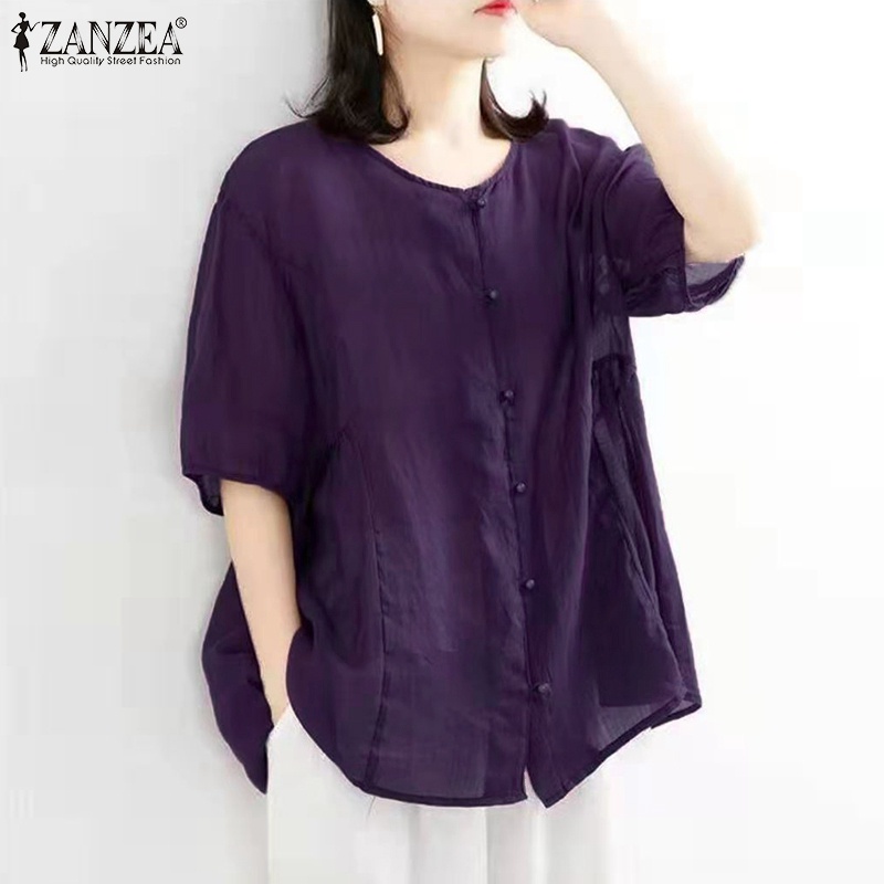 Áo kiểu ZANZEA cổ tròn tay lỡ dáng rộng cài nút phong cách retro thời trang cho nữ
