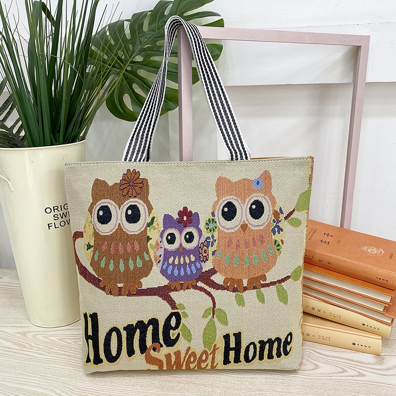 Túi tote cho nữ xách đồ hình Cú đi du lịch rộng rãi có khóa kéo kích thước 45x8x38cm