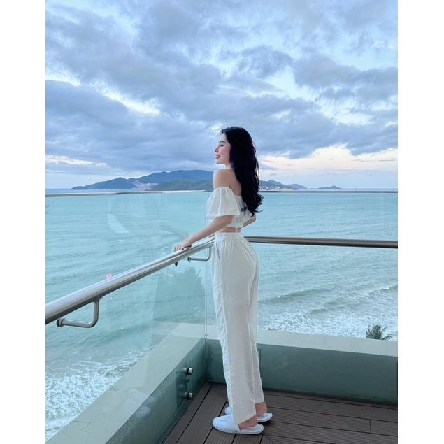 Quần đũi ống rộng nữ dài bigsize kiểu cạp chun lưng thun khóa thật - Quần ống rộng vải đũi trắng đen xước đi biển ở nhà