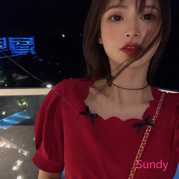 Áo Kiểu Cổ Vuông Tay Phồng Đính Nơ Xinh Xắn Cho Bé Gái