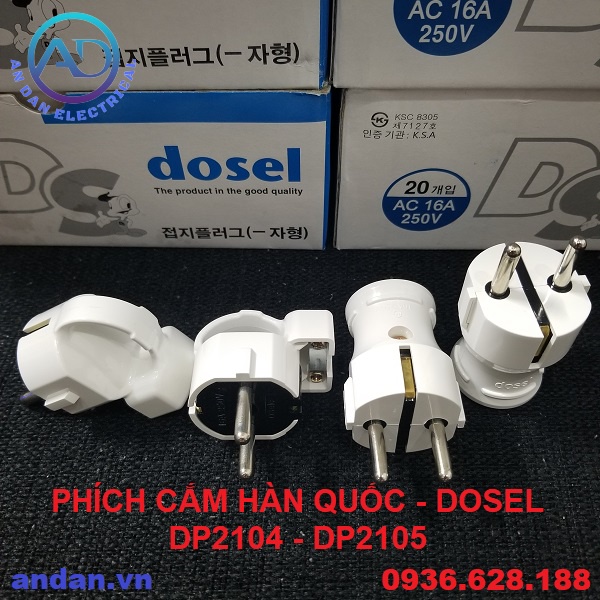 Phích cắm điện HQ Dosel DP2104, DP2105. Phích cắm 2 chân tròn – dẹt, Phích nối âm, Phích cắm chịu tải, Đầu nối đa năng