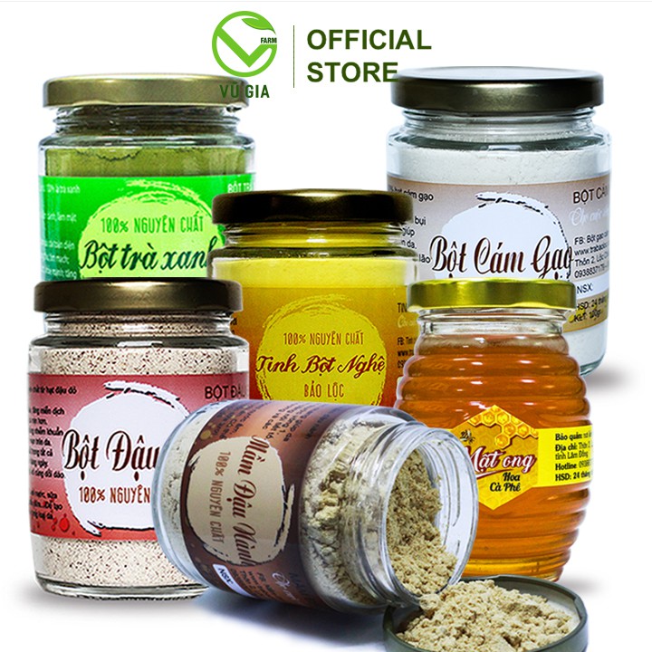 Combo Bột Trà Xanh+ Tinh Bột Nghệ+ Mầm Đậu Nành+ Bột Đậu Đỏ+ Bột Cám Gạo 100g+ Mật Ong Hoa Cà Phê Nguyên Chất 200ml