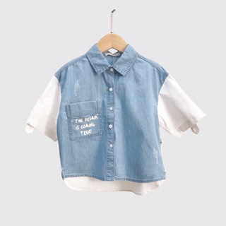 Áo Sơ Mi Bò Bé Gái Bee Kids Dáng Thụng Phối Thô Đũi Tay (2 - 12 tuổi) 7AJ01605CT