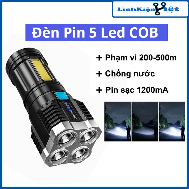 Đèn pin 5 led COB siêu sáng chống nước IPX4 (chưa gồm pin)