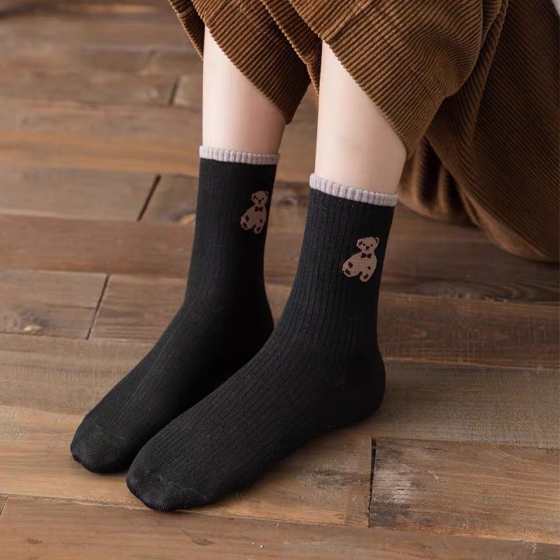 Tất Vớ Cổ Cao Nữ Trơn Hình Gấu Cute Thời Trang Vintage Hàn Quốc T02 JOLY