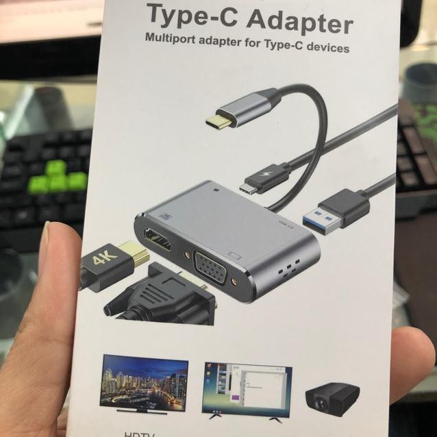 OTG typec to vga hdmi usb, Bộ Chuyển Đổi 4 Trong 1 Type C 3.1 Sang Hdmi 4k Vga Usb 3.0 sạc nhanh PD