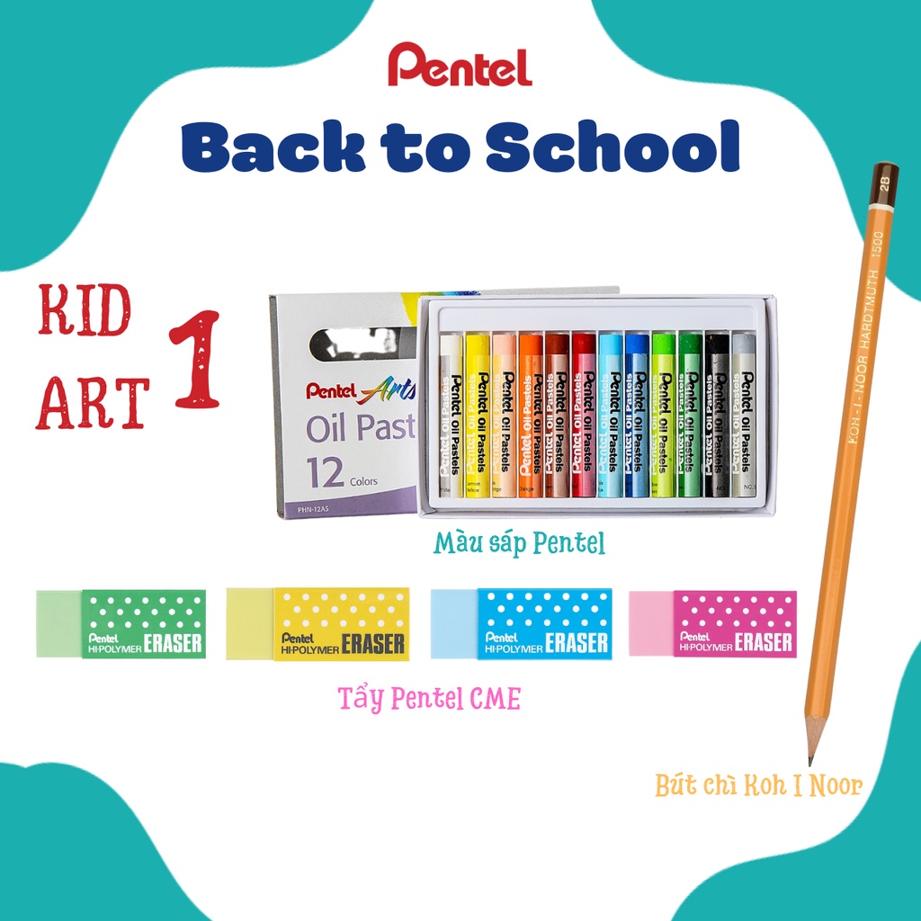 𝐏𝐞𝐧𝐭𝐞𝐥 𝐊𝐢𝐝 𝐀𝐫𝐭 𝟏 - Cùng bé sáng tạo thế giới muôn màu - Combo Sáp Màu Dầu Pentel Oil Pastel PHN + Chì Tiệp Vàng + Tẩy