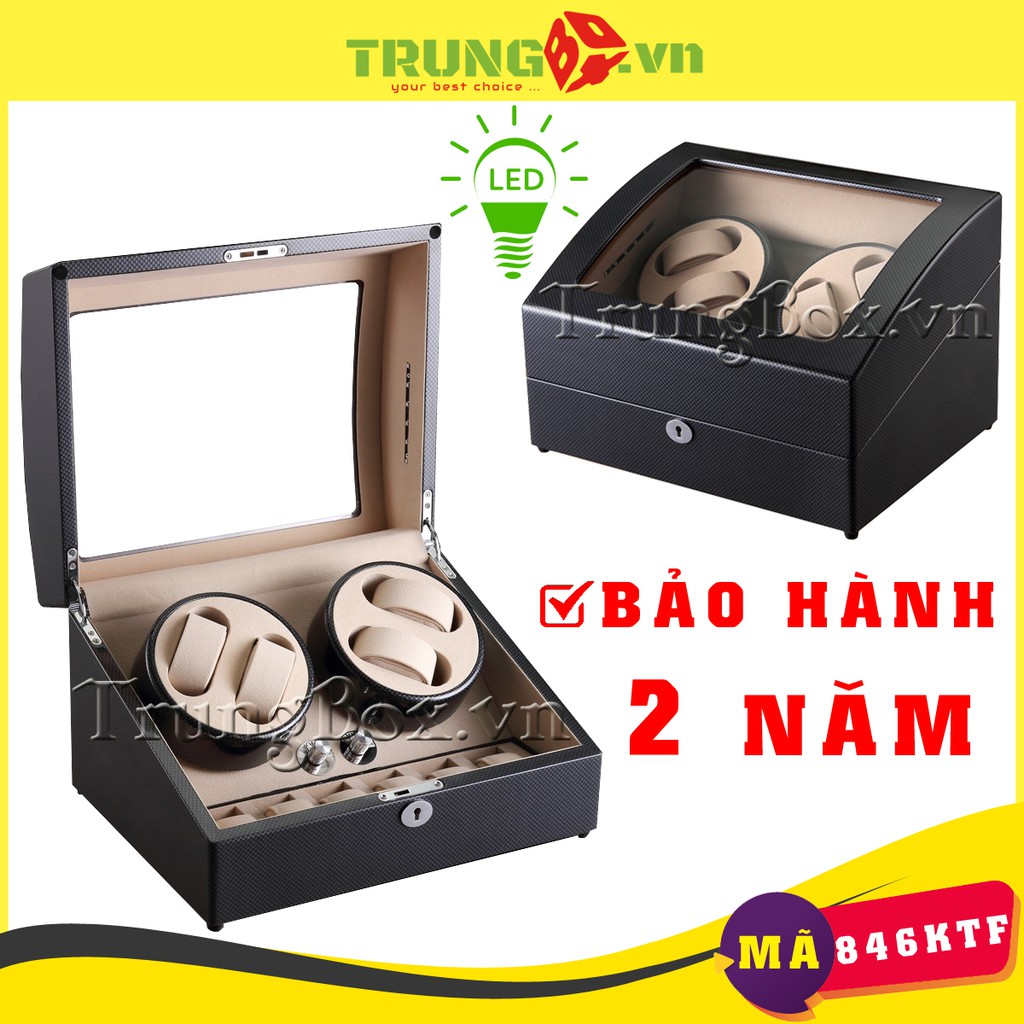 Hộp Lắc 4 Đồng Hồ Cơ + 6 Ngăn Tĩnh Vỏ Gỗ Sơn Mài Carbon Cao Cấp (Đèn LED) - Mã 846KTF