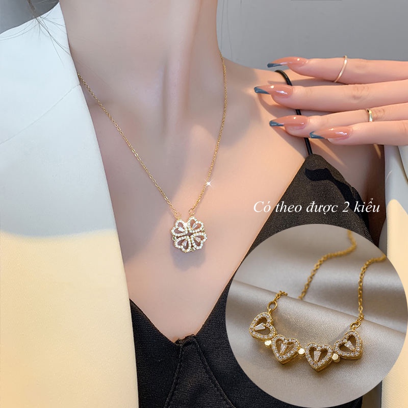 Dây chuyền titan nữ không gỉ vòng cổ cỏ 4 lá đính đá pha lê cao cấp Phụ kiện trang sức Hàn Quốc