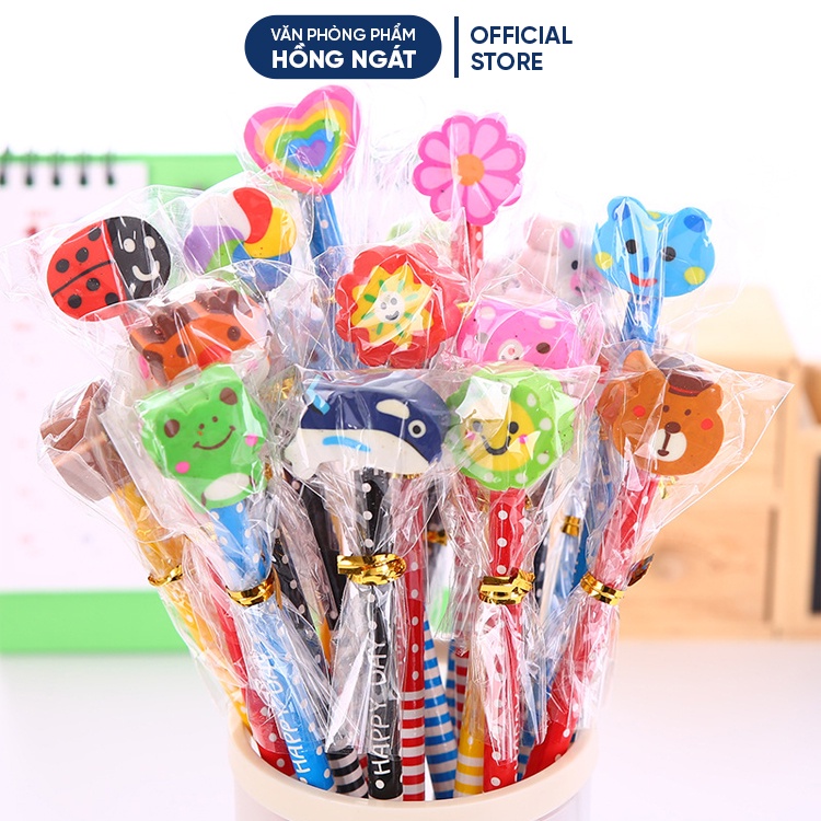 Bút chì gỗ cute đầu tẩy hoạt hình, đồ dùng học tập dễ thương văn phòng phẩm quà tặng học sinh B38