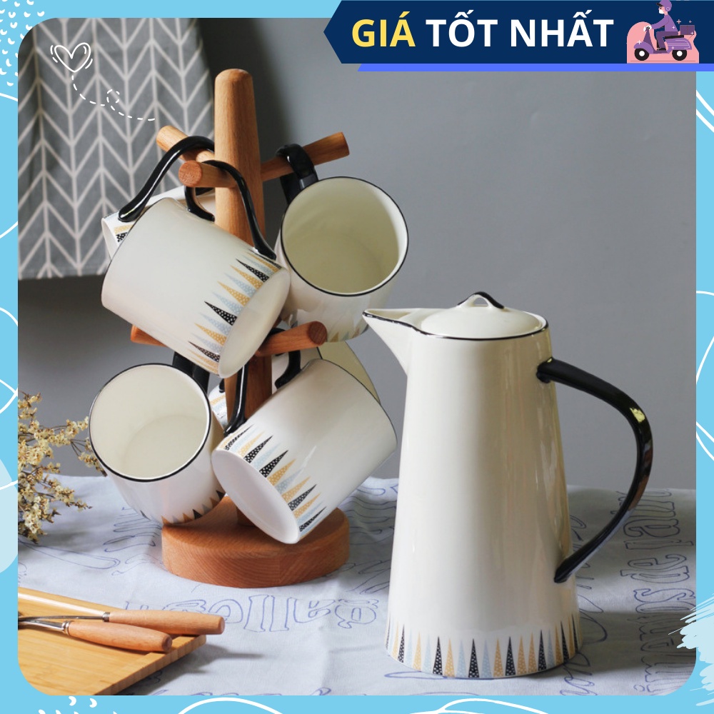 Bộ bình cốc sứ uống nước cao cấp kèm khay gỗ YUAN