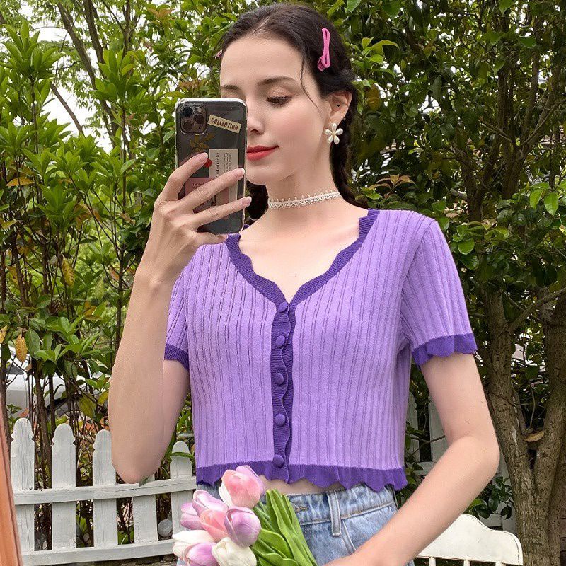 Áo Croptop Len Misu Mềm Cổ Chữ V Khoét Hàng Quảng Châu Xịn 2 Màu Tím Vàng