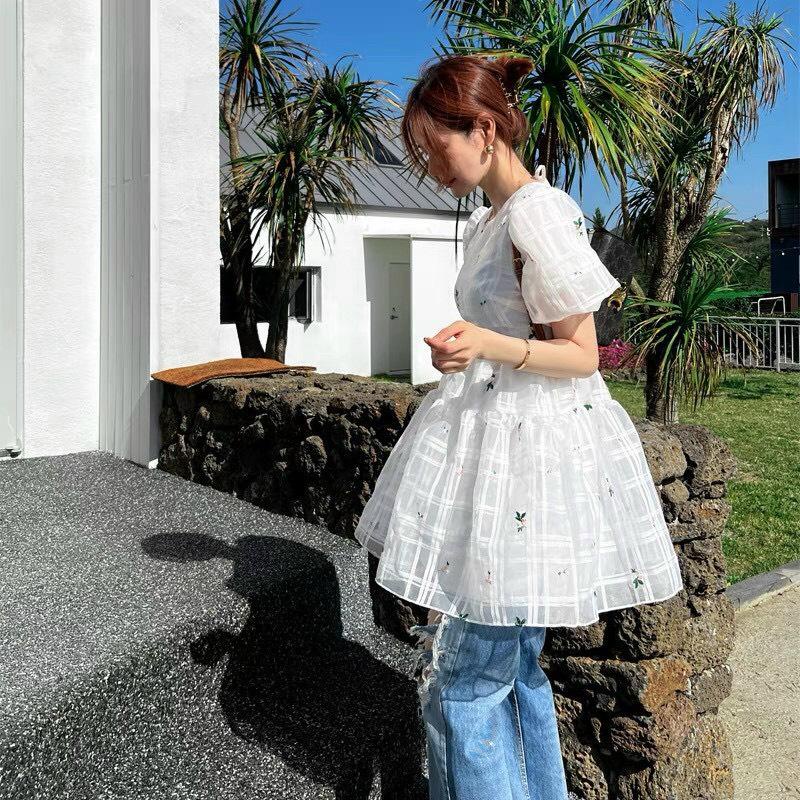 Đầm babydoll hoa ô vuông trắng cột dây lưng💖 KÈM ẢNH THẬT