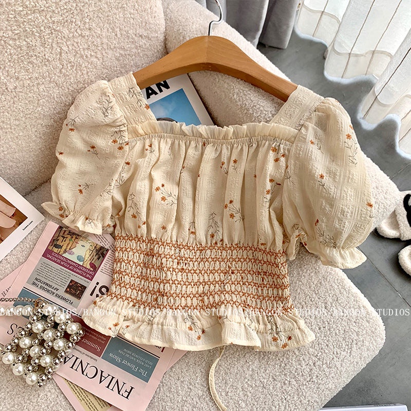 Áo Kiểu Tay Phồng Ngắn In Họa Tiết Hoa Phong Cách Mới Dành Cho Nữ