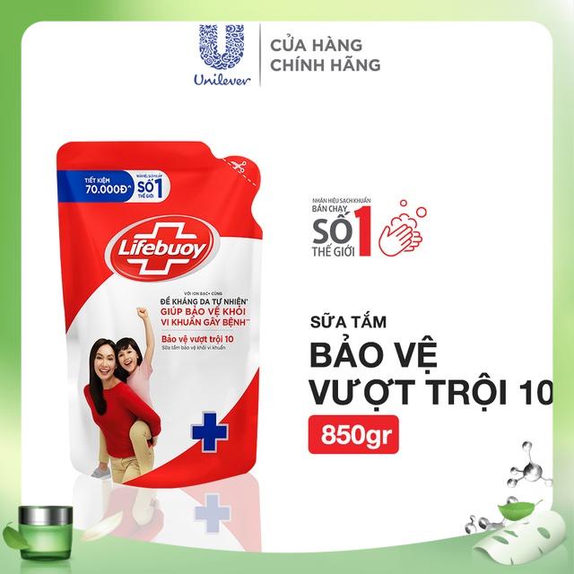 Sữa tắm túi Lifebuoy 850g dưỡng ẩm mềm mịn giúp bảo vệ khỏi 99.9% vi khuẩn và ngăn ngừa vi khuẩn lây lan trên da