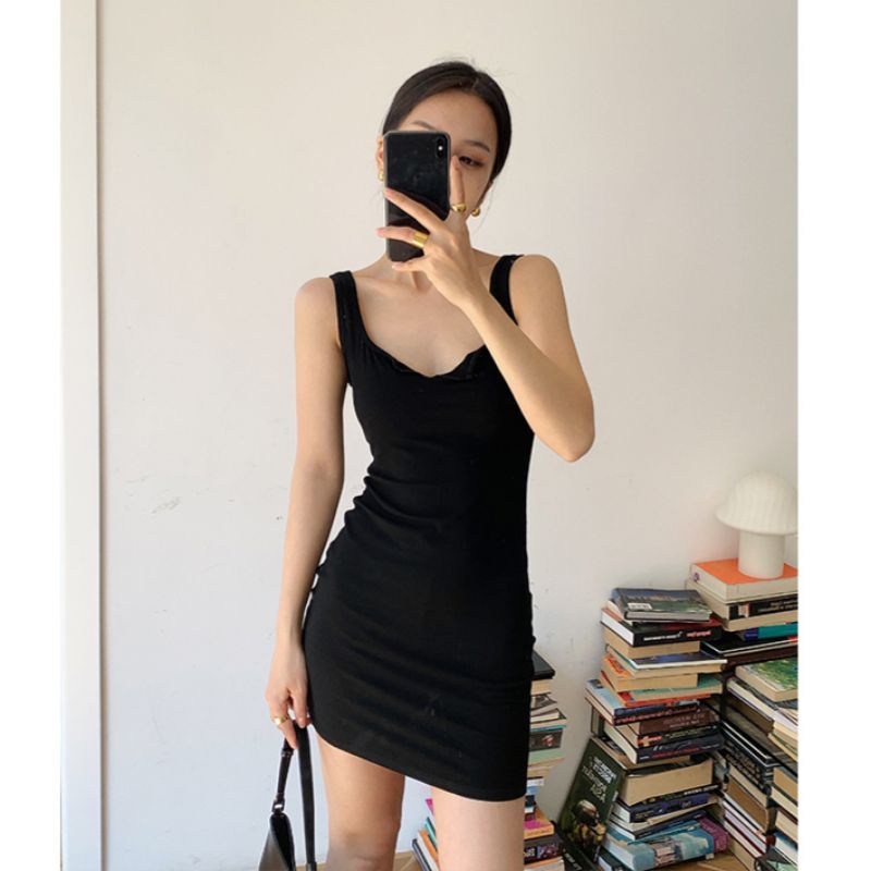 [Tặng Kèm Cột Tóc] Váy Sát Nách, Đầm Body Cổ Xẻ V Thun Gân Cao Cấp Henia | BigBuy360 - bigbuy360.vn