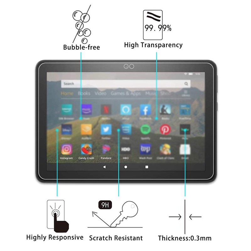 Tempered Glass Screen Protector for Amazon Kindle Fire HD 8 Plus, 9H Hardness (Right Angle Side)