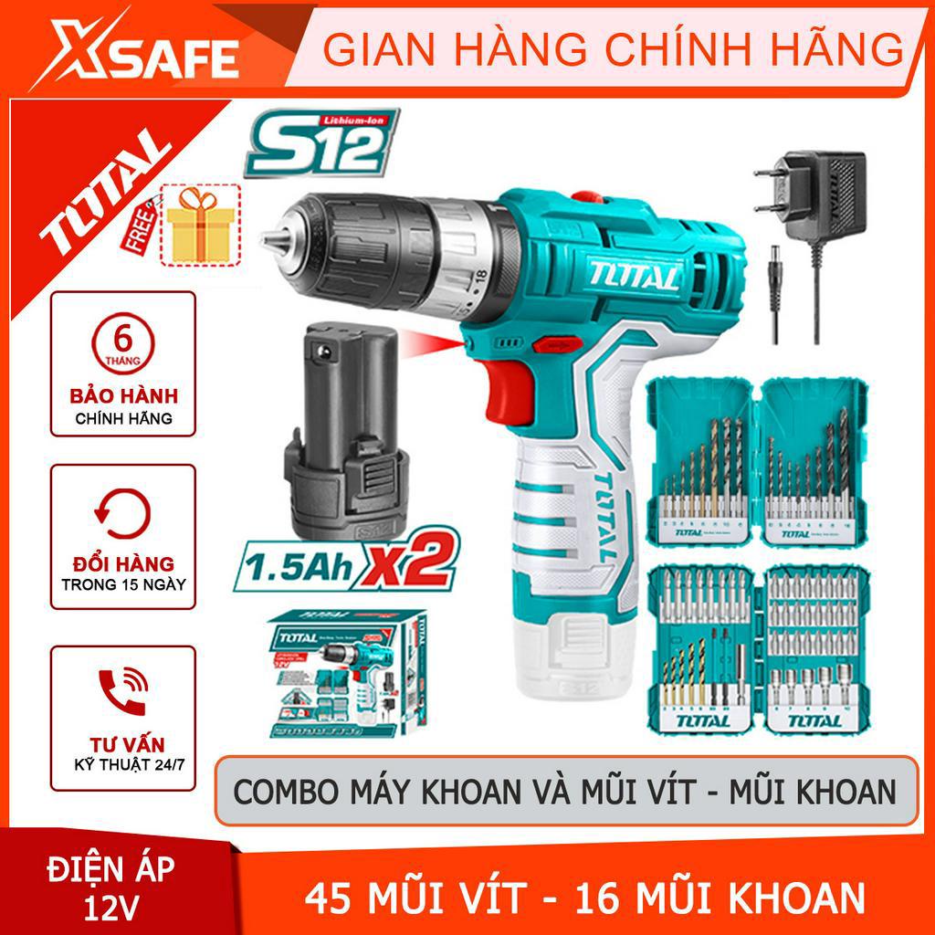 Máy khoan cầm tay dùng pin TOTAL TIDLI12201 và bộ 45 mũi vít, 16 mũi khoan TOTAL TOSLI23022 12V khoan gỗ, sắt, tường