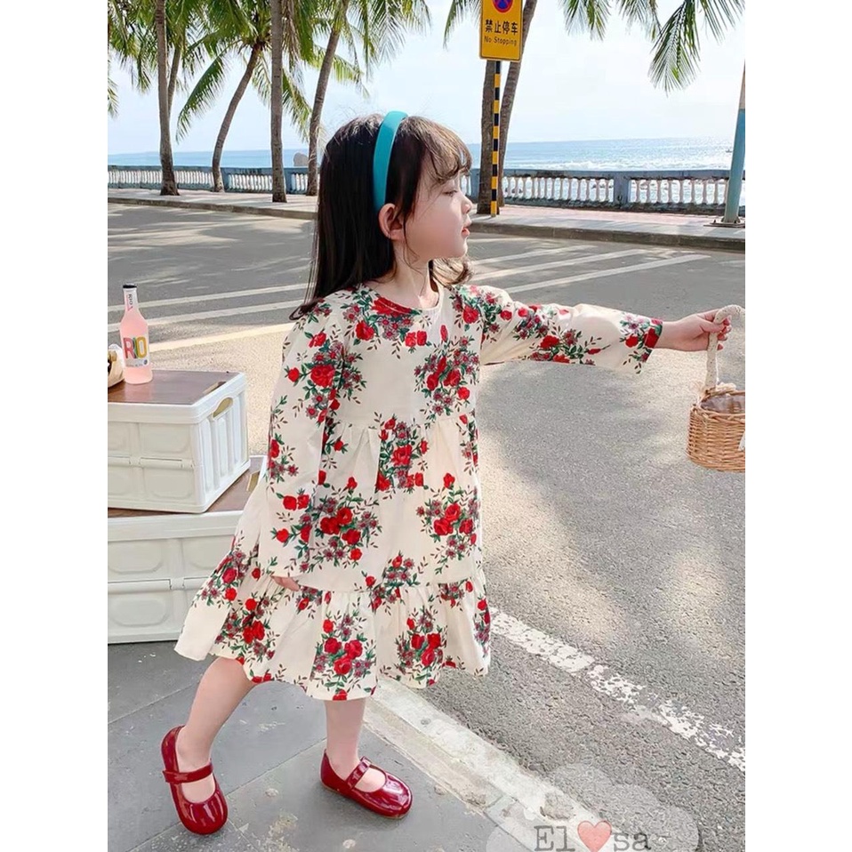 Váy Hoa Hồng Dài Tay Thu Đông Babydoll Bánh Bèo Siêu Xinh Cho Bé 9-25kg