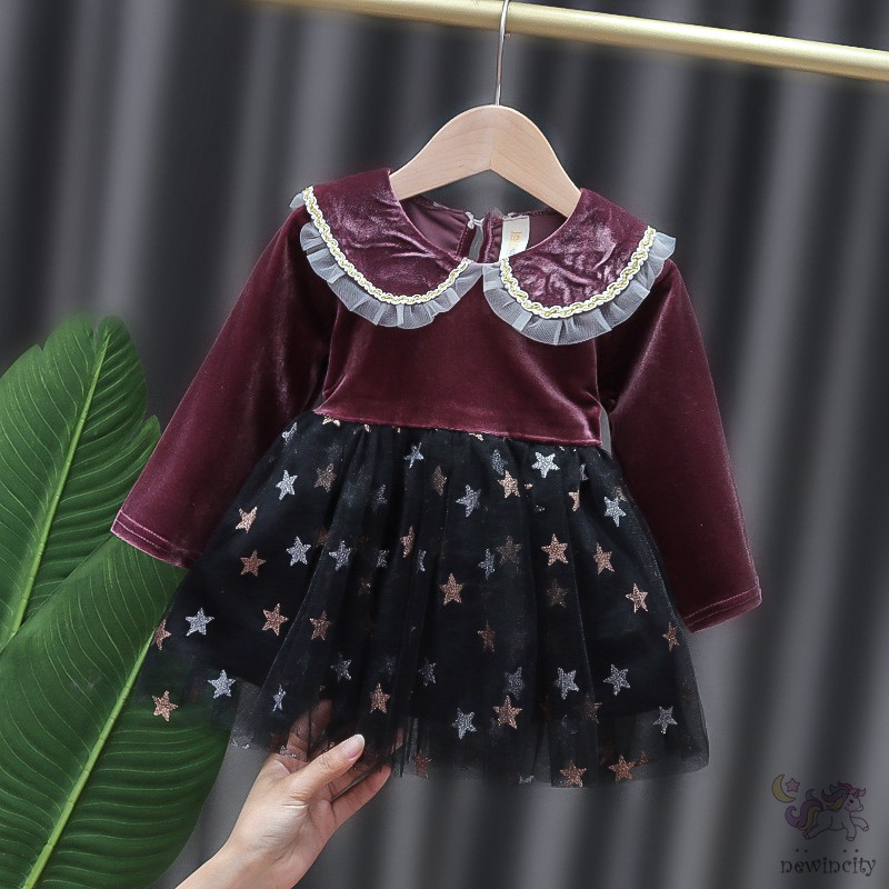 Đầm Tay Dài Phối Lưới Phong Cách Hàn Quốc Cho Bé Gái