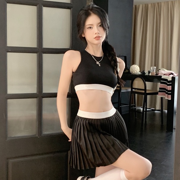 Set Áo Hai Dây + Chân Váy Xếp Ly Lưng Cao Co Giãn Màu Đen Phong Cách Mỹ Thời Trang Mùa Hè Cho Nữ