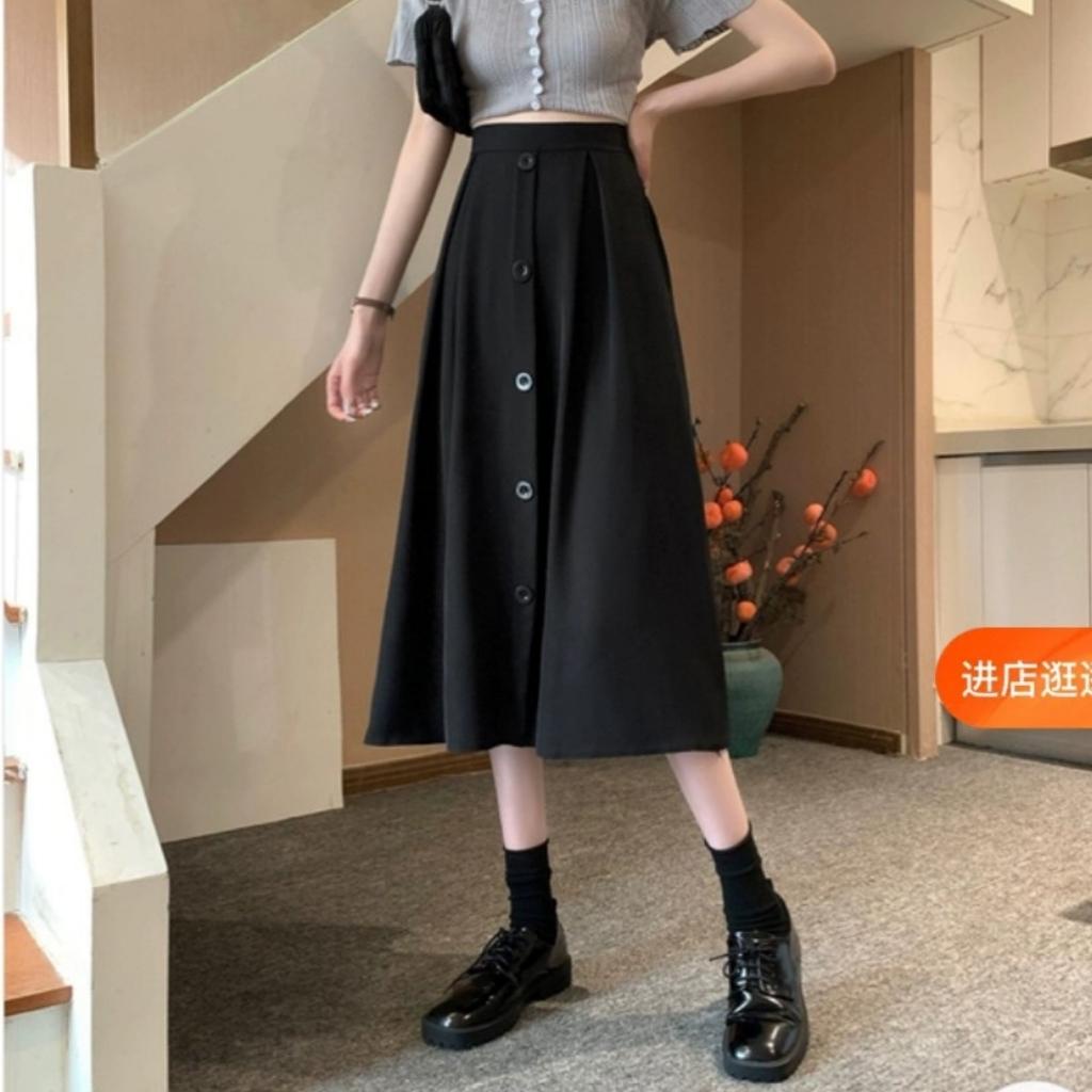 Chân Váy Dài Midi Dáng Xòe Phối 5 Nút Giữa Siêu Đẹp