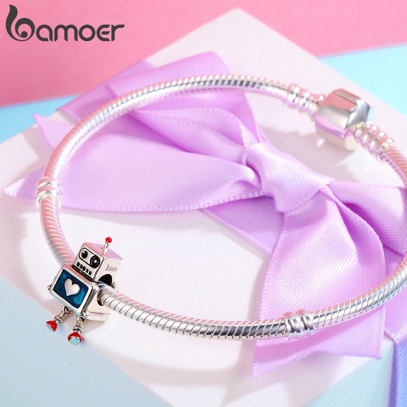 Hạt cườm Bamoer SCC346 bằng bạc 925 hình robot trái tim xinh xắn làm trang sức cho nữ