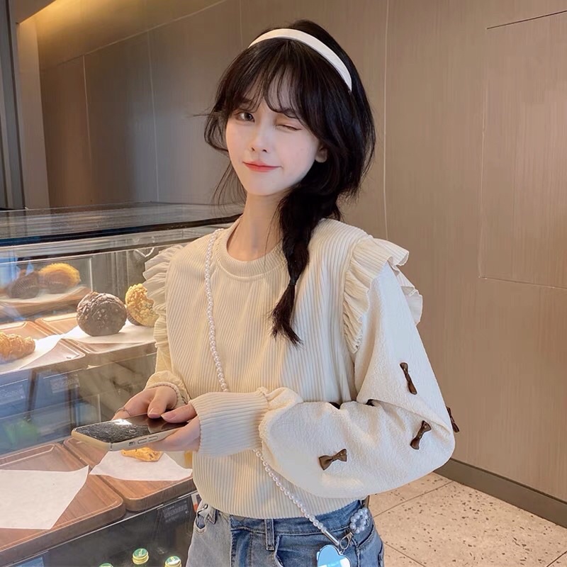 Áo len tay phồng nơ khâu cổ tròn bánh bèo Hàn Quốc AD1041